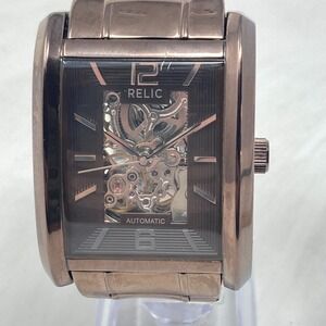 Relic Automatic Tank Watch Men 36mm Brown Metallic Skeleton Dial WR 50M 7.25"